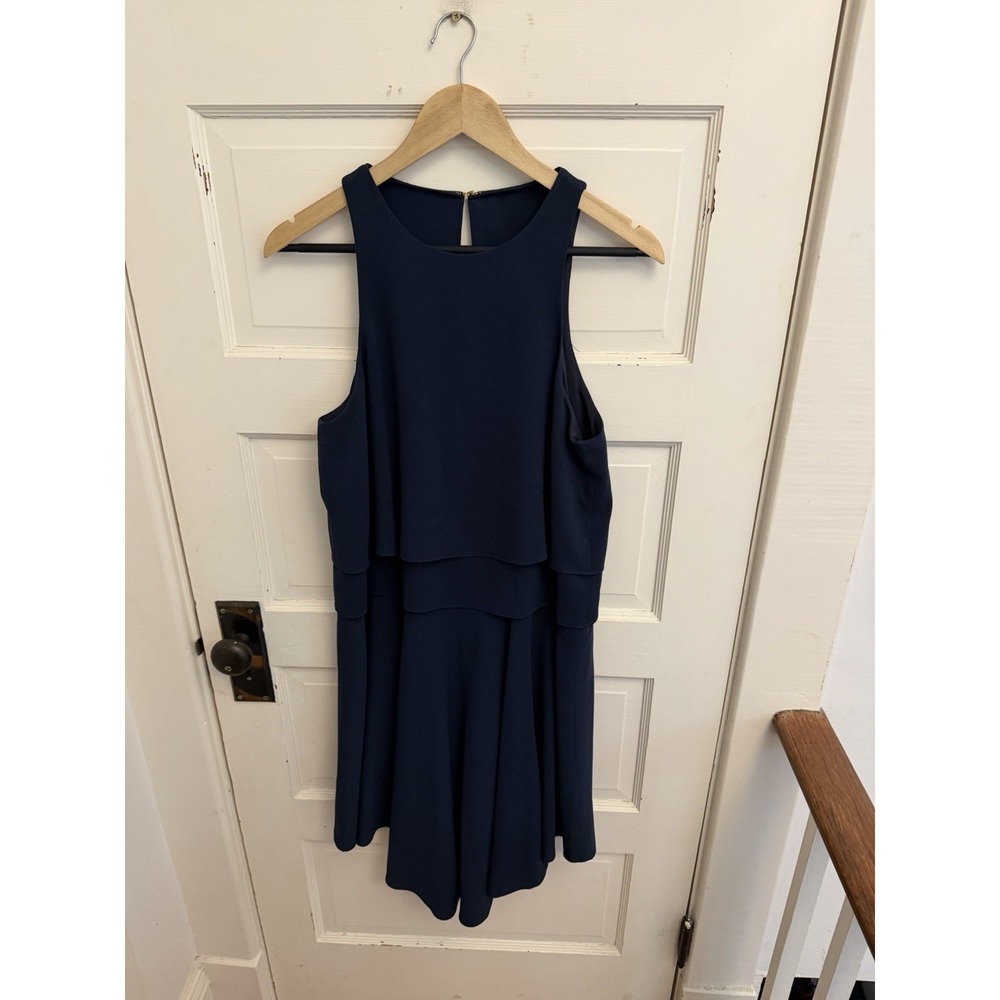 Tibi Women's Navy Tiered Sleeveless Shift Dress Open Back Lined Cocktail Size 8